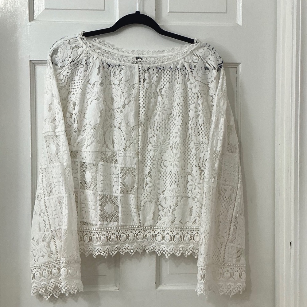 Anthropologie Lace Patches Blouse L White Cotton Boho Bridal Romantic Victorian